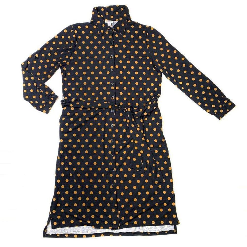 NEW M LuLaRoe Ellie Shirt Dress Black Gold Polka Dot Full Button Long Sleeve Y2K